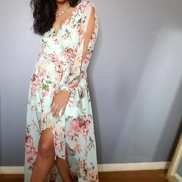 💕20%OFF💕MINT GREEN PINK FLORAL HIGH LOW DRESS - Picture 4 of 7